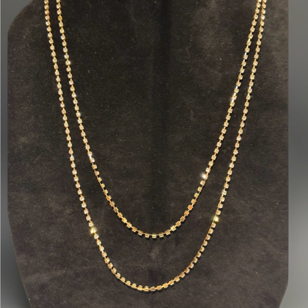 Vintage Gold Tone Diamond Rhinestone Long Necklace With Stones And Double Chain